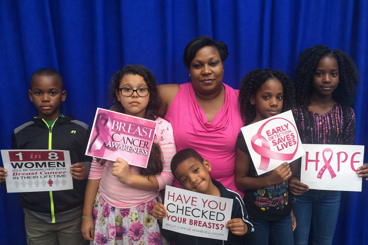 Children and adults holding breast cancer awareness signs at a community awareness event
